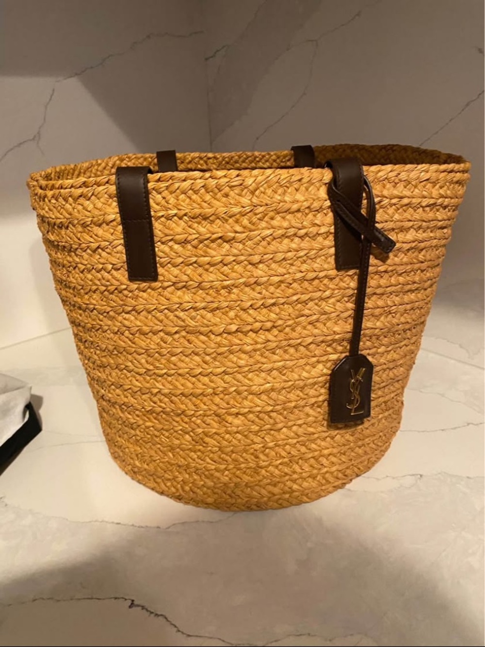 Saint Laurent Woven Straw Tote with Dark Brown Leather Trim